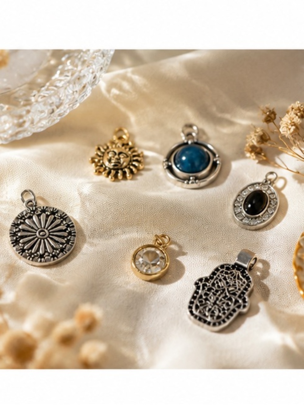 NEW - 6 Piece Celestial Boho Charm Pendant Set Sun Hamsa Evil Eye Crystal
